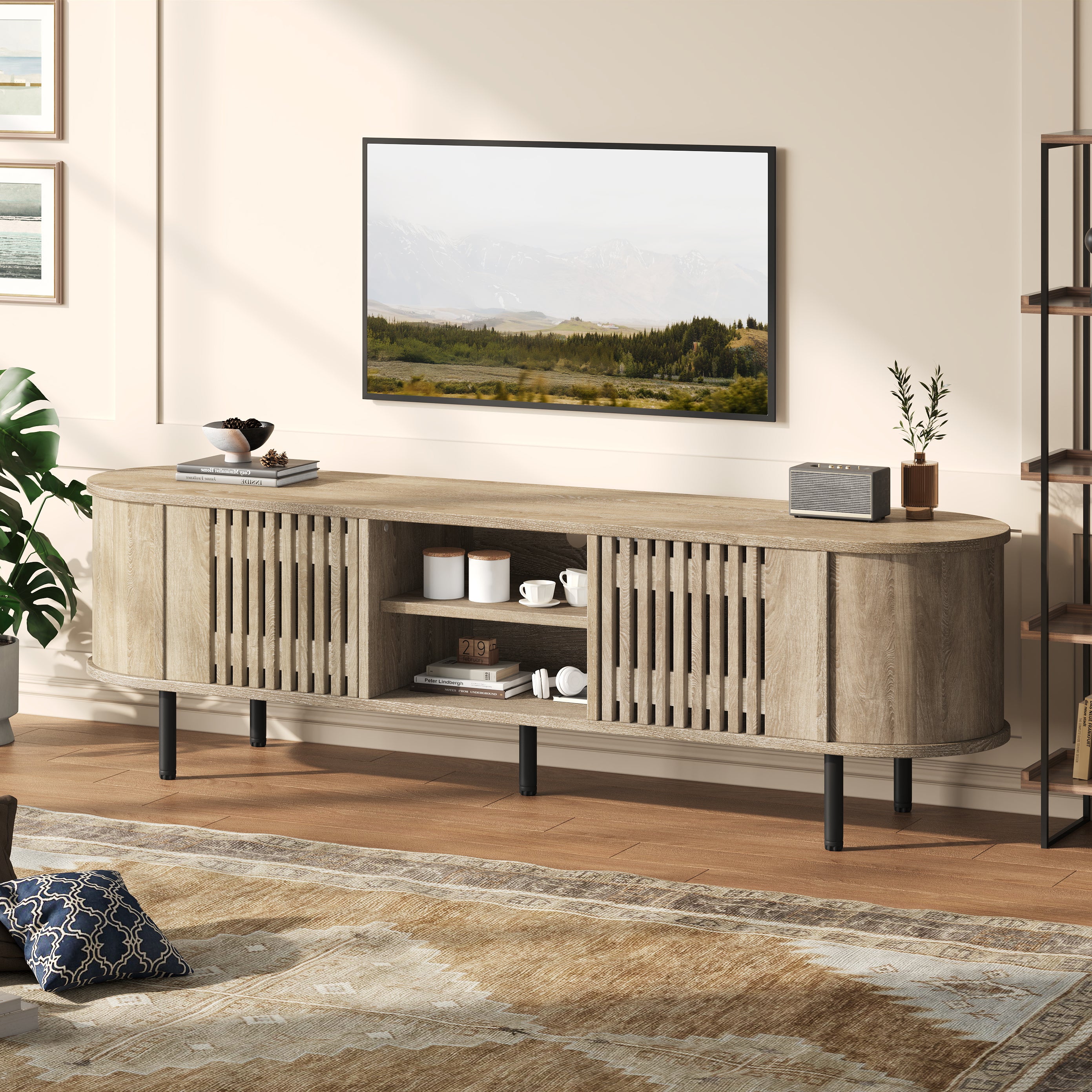Stojak pod TV z 2 drzwiami i 2 przegrodami na telewizory do 65 cali - 160 x 40 x 47 cm - MDF - Naturalny