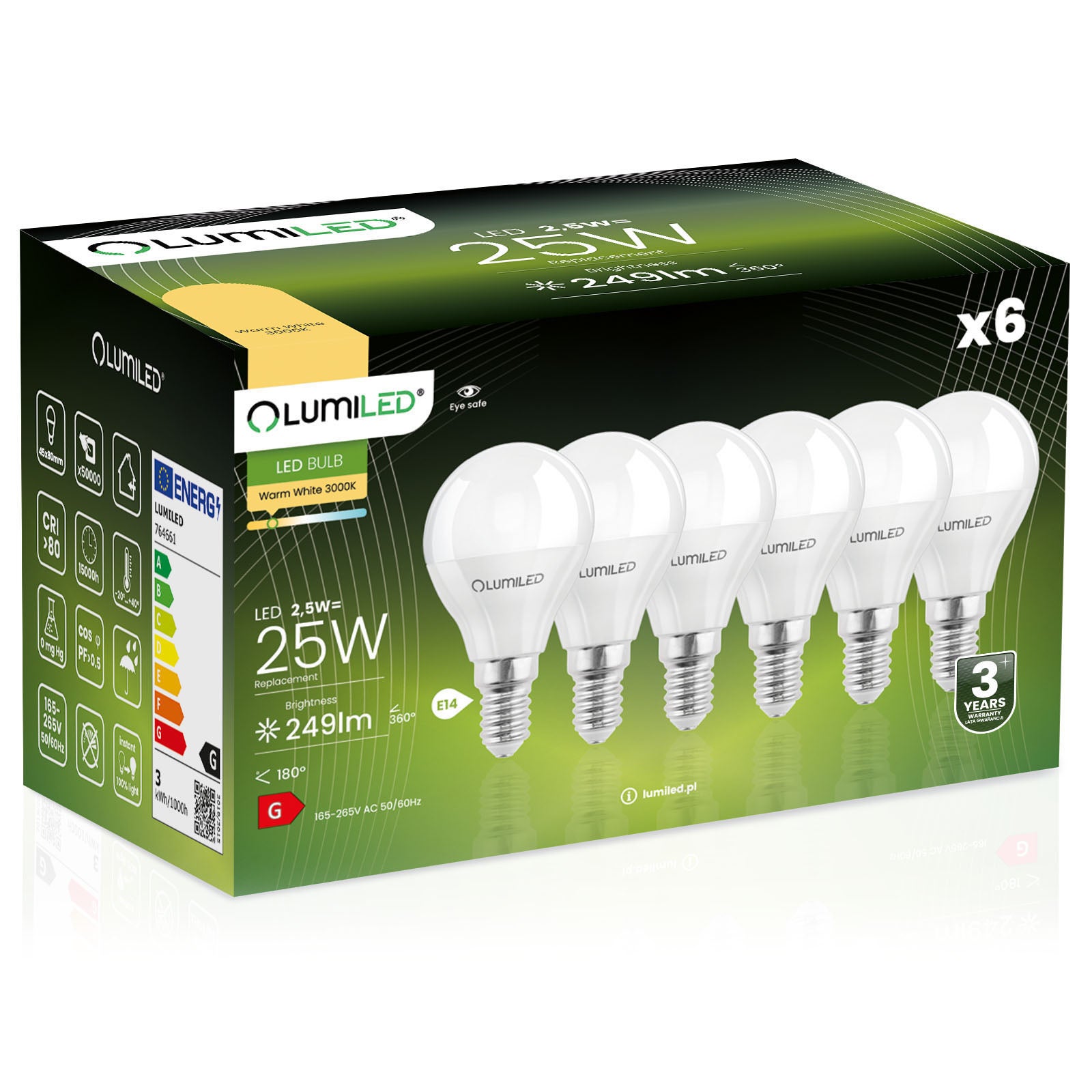 6x Żarówka Lumiled LED E14 Kulka P45 2,5W = 25W 249lm 3000K Ciepła 180st