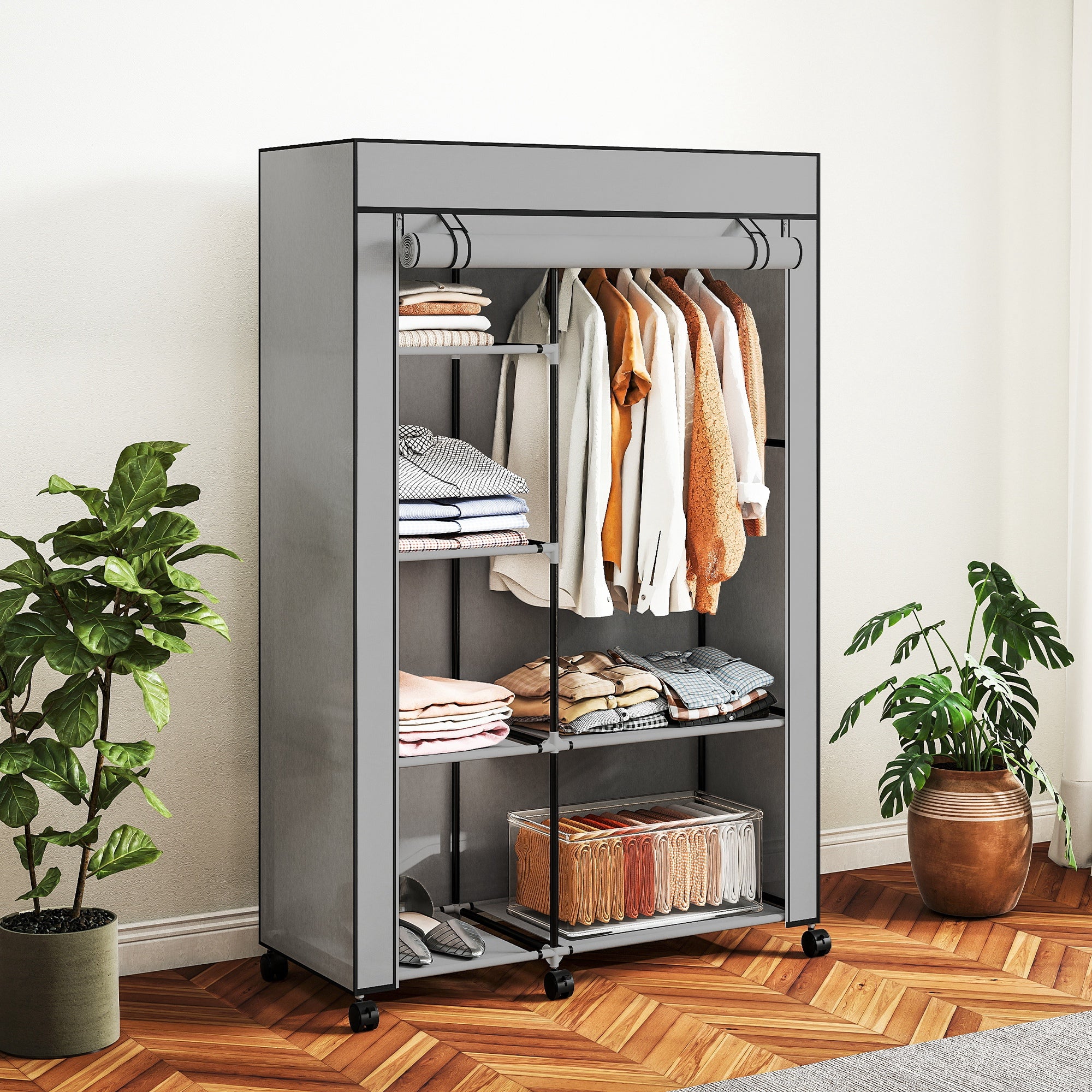 Armoire penderie en tissu meuble de rangement 6 roulettes tringle à vêtements et étagères ouvertes 103x43x162,5cm gris - 3