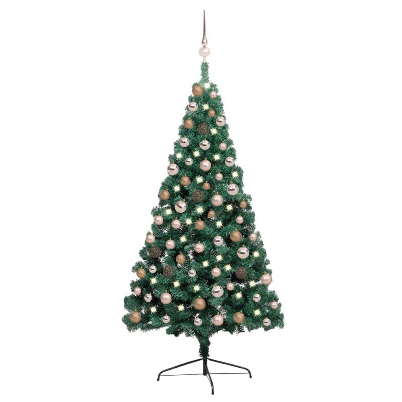Choinka z lampkami i bombkami, połówka, zielona, 150 cm vidaXL