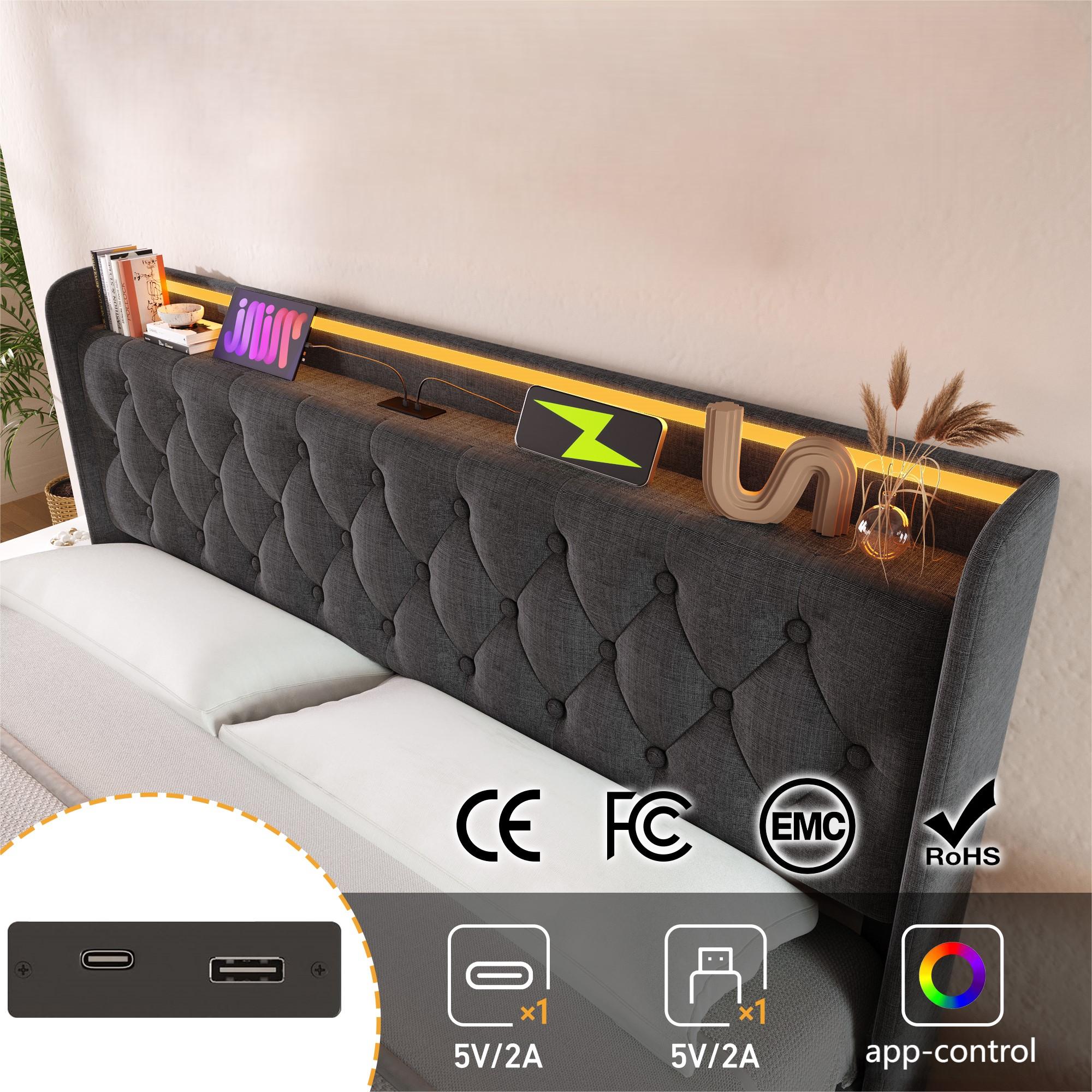 Cama con almacenaje de lino 160x200 cm - con LED y enchufes USB y tipo C - Gris - 6