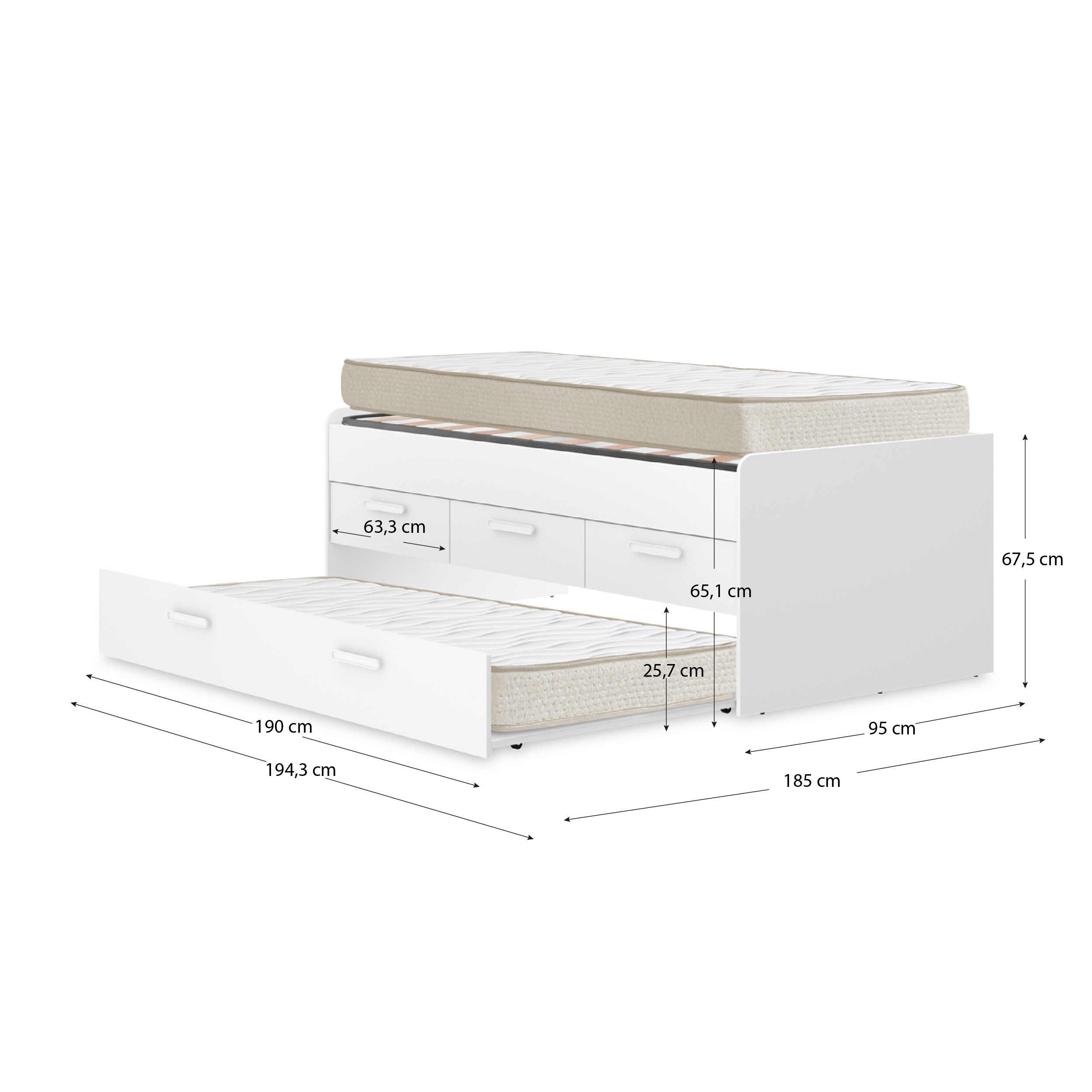 Pack ahorro juvenil Cama nido Leka con 3 cajones, 1 Somier y 2 Colchones viscoelásticos Nova 90 x 190 cm | Subida a domicilio - 3
