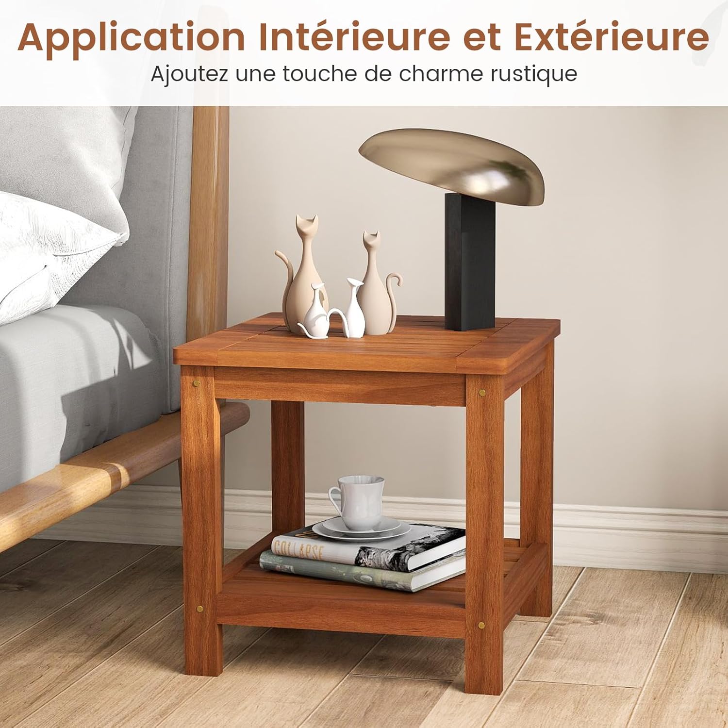 GIANTEX Table d’Appoint Extérieure en Bois à 2 Niveaux,Table Basse de Jardin Étagère de Rangement,Petite Table de Bistrot pour Patio Maison - 7