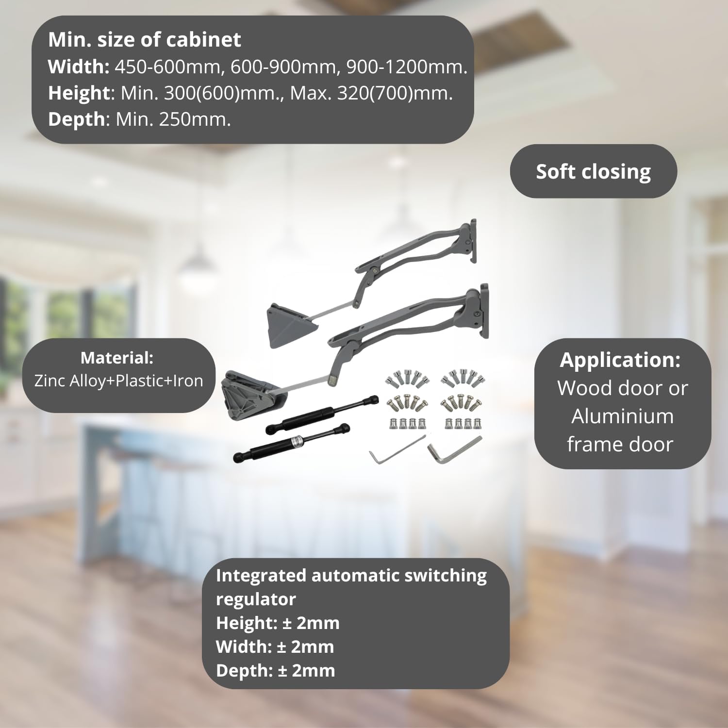 Mecanismo de Abertura para Porta Dupla Basculante com Amortecedor - DOUBLE DOOR 90° com Parada Livre e Fechamento Suave - Para Módulo de 450-600 mm. - 3