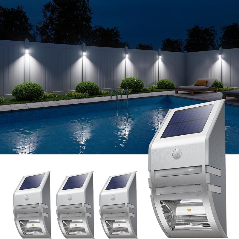 Zestaw 4 lamp solarnych ściennych, nowoczesnych, wodoodpornych lamp zewnętrznych z czujnikiem ruchu, odpowiednich do ogrodzeń i tarasów.