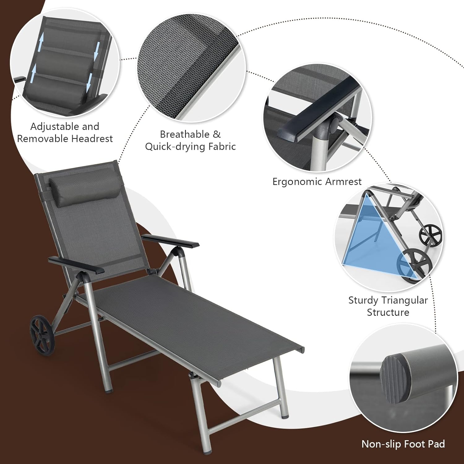 Chaise Longue Pliable de Jardin avec roulettes, Transat Inclinable en Aluminium avec Dossier Réglable à 7 Niveaux & Appui-tête Amovible,Terrasse - 6