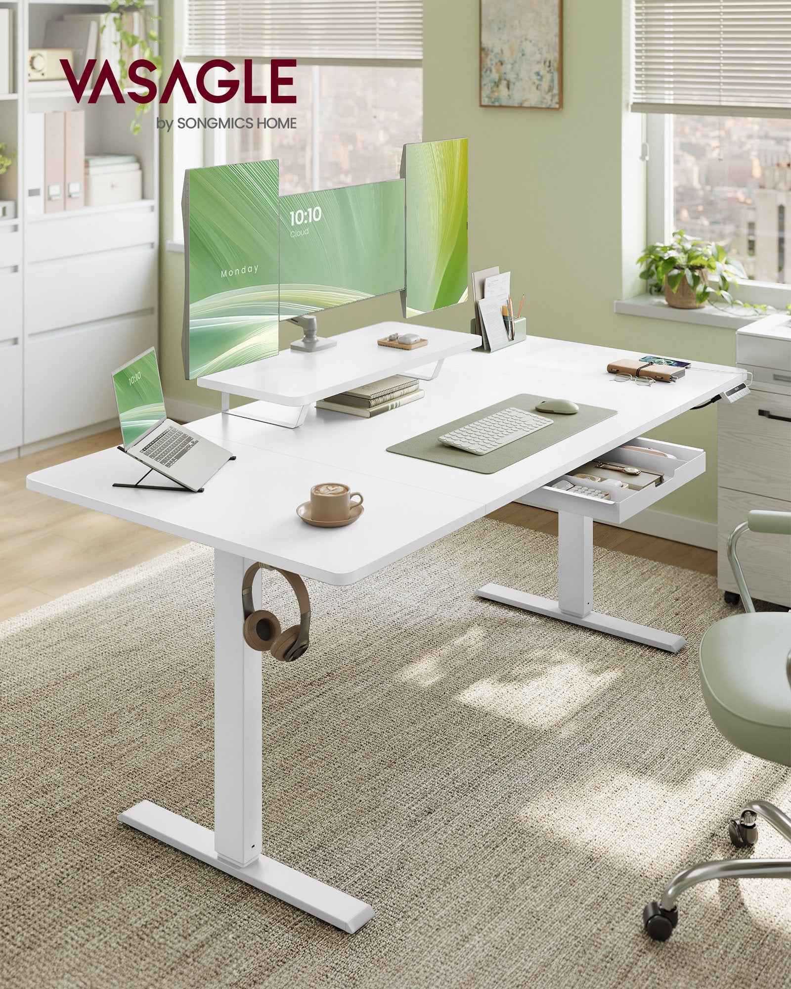 Bureau Électrique Réglable en Hauteur, 160 x 80 cm, Support d'Écran à Montage Flexible, Tiroir, Port USB-C, Rappel de Sédentarité, Blanc Nuage - 2