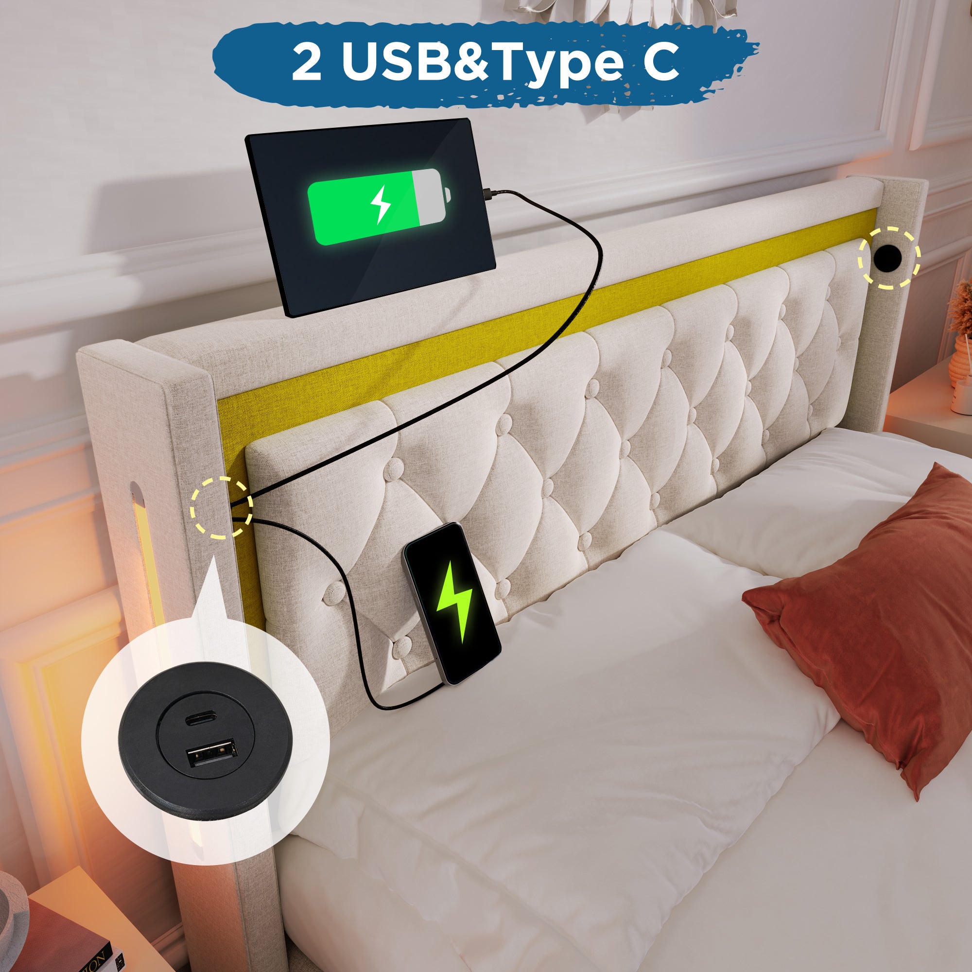 Łóżko bawełniane z pojemnikiem 140x200 cm z oświetleniem LED i portami USB – z podstawą z listew – beżowe - 7