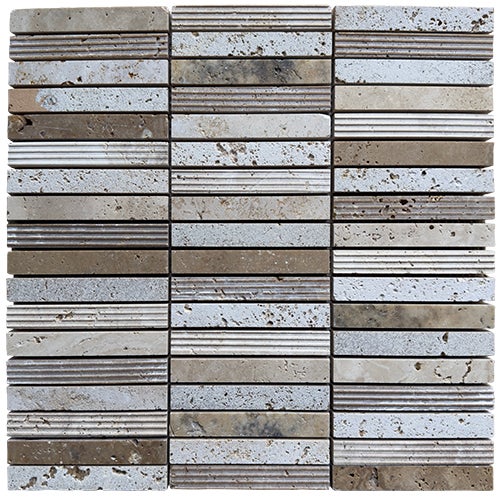Mosaïque en travertin / marbre Beige Mix - 1,5 x 10 x 1 cm - Vendu par filet de 30,5 x 30,5 cm - C-NEGOCE