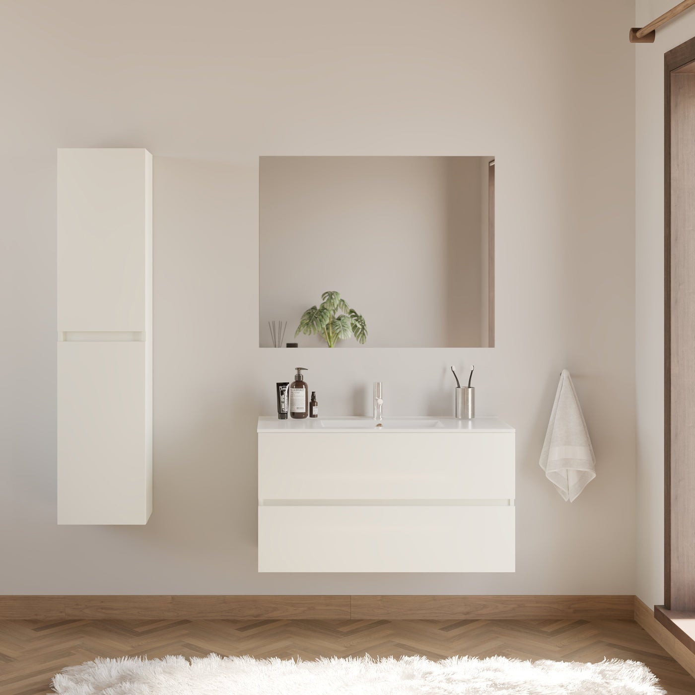 Meuble de salle de bain 100cm simple vasque - 2 tiroirs - blanc - IDA - 4
