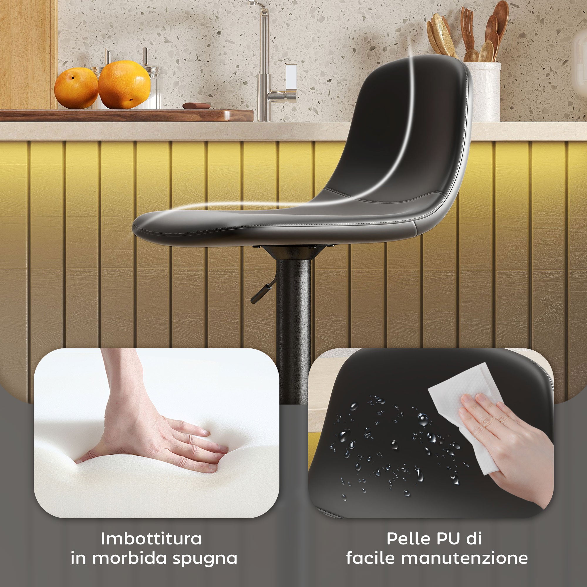 HOMCOM Set 2 Sgabelli da Bar con Schienale e Poggiapiedi, Altezza Regolabile, Pelle PU e Imbottitura, Nero - 6