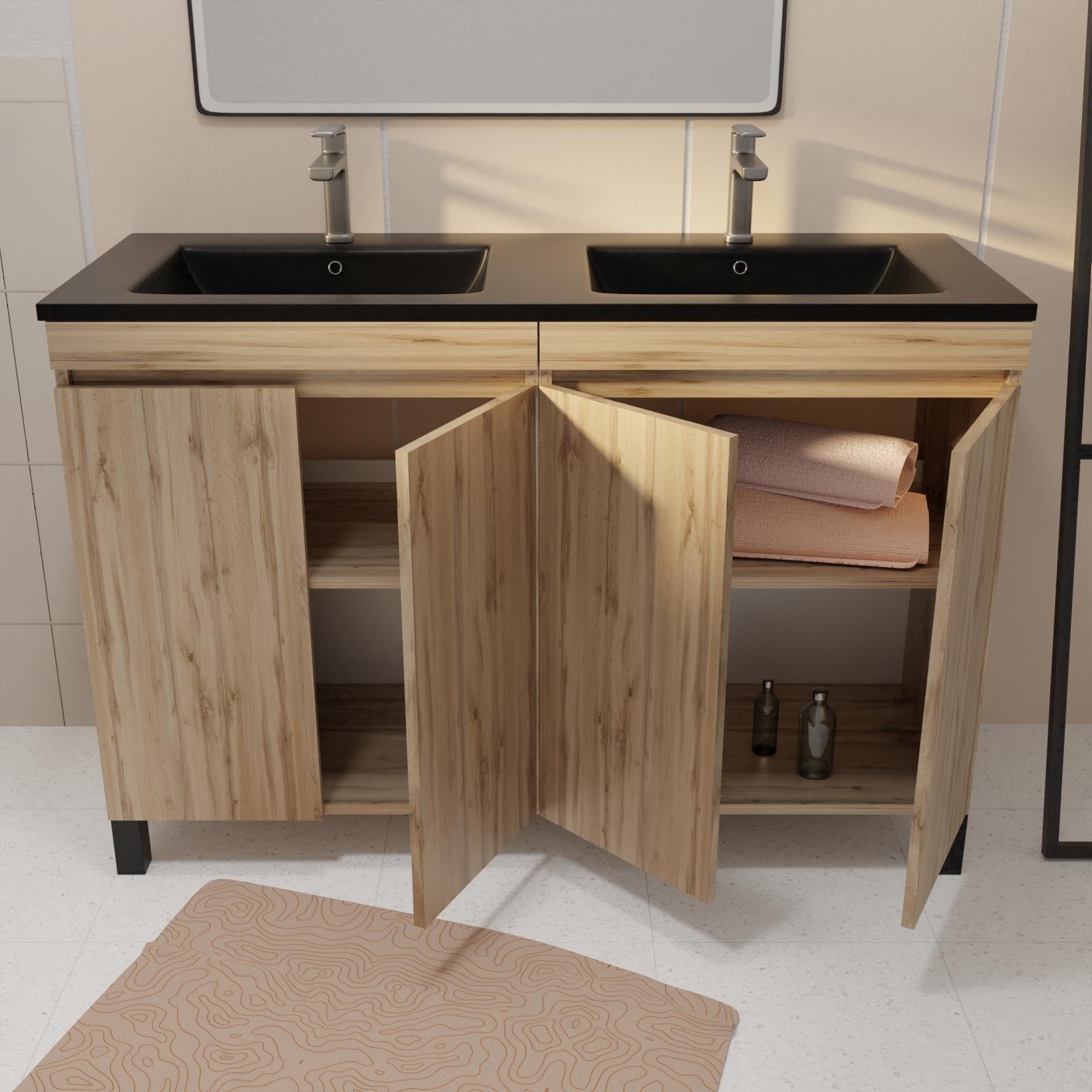 Meuble de salle de bains 120 cm 4 Portes Chêne Naturel + Vasque Double Céramique Noire - TIMBER - 2