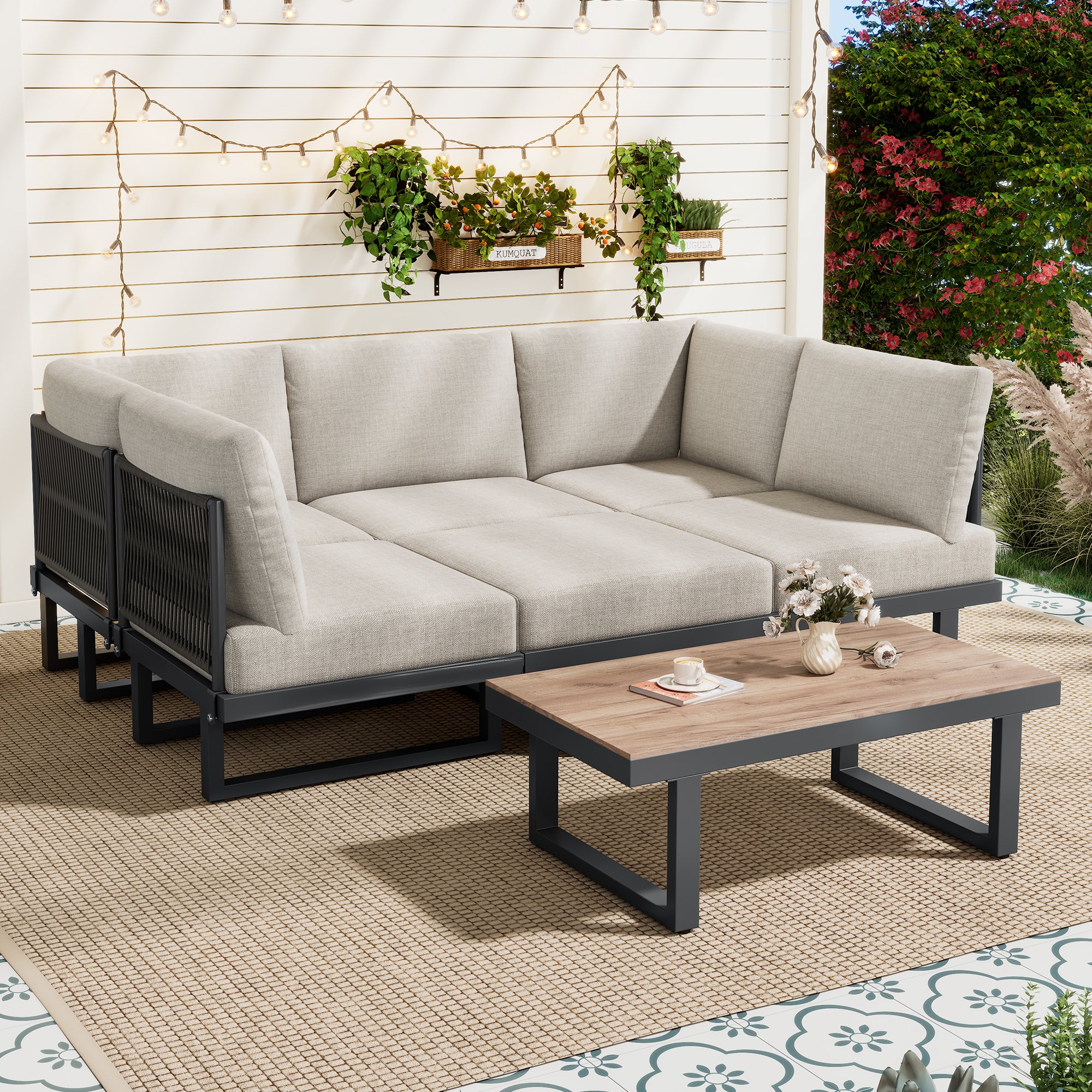 Salon de jardin modulable en acier galvanisé 6 places : 1 canapé 3 places + 1 canapé 2 places + 1 fauteuil + table basse - Gris - 2