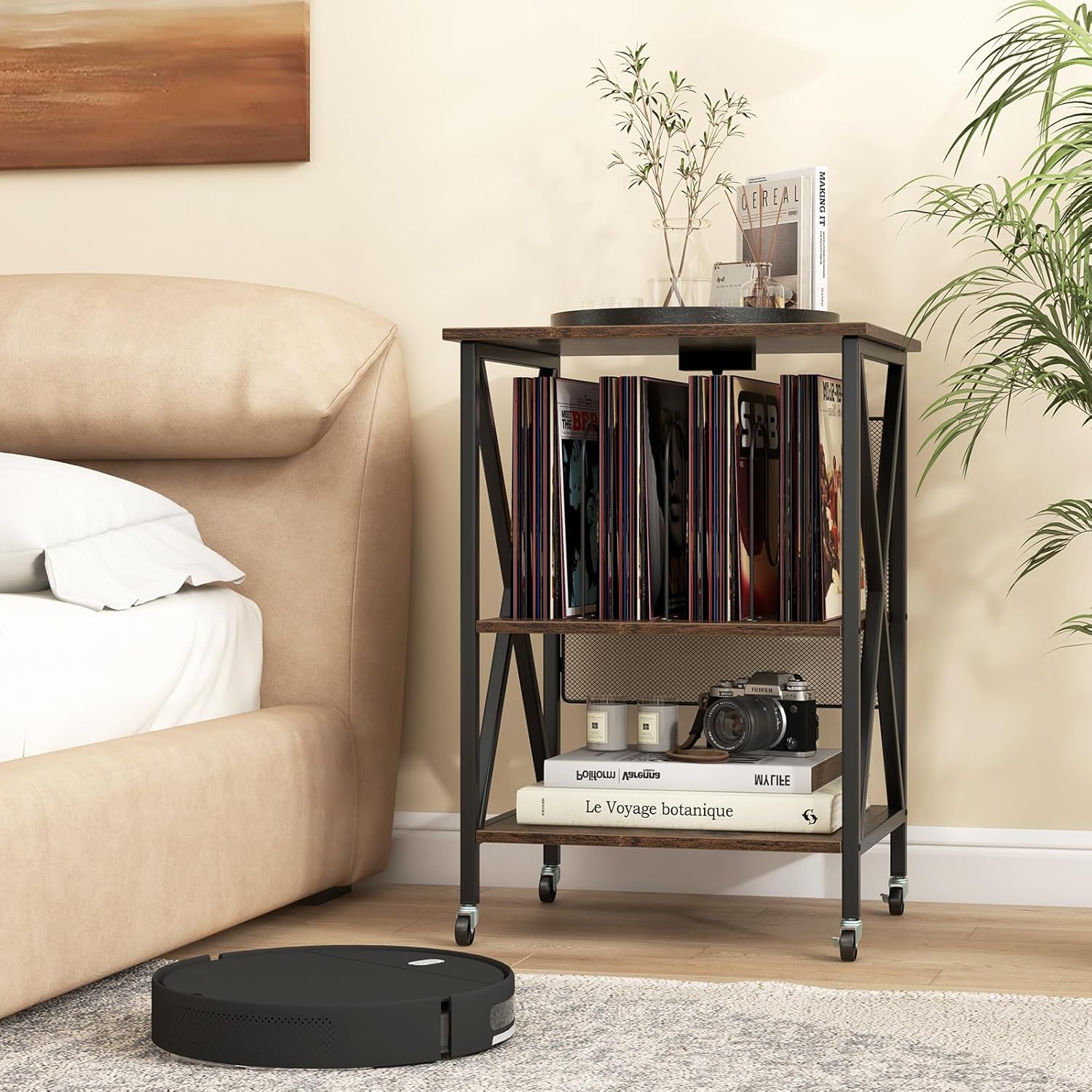 Support Pour Tourne-Disques Avec Rangement Vinyle - 3 Étagères, 6 Poches, 200 Albums | Meuble Salon Métal/ Bois