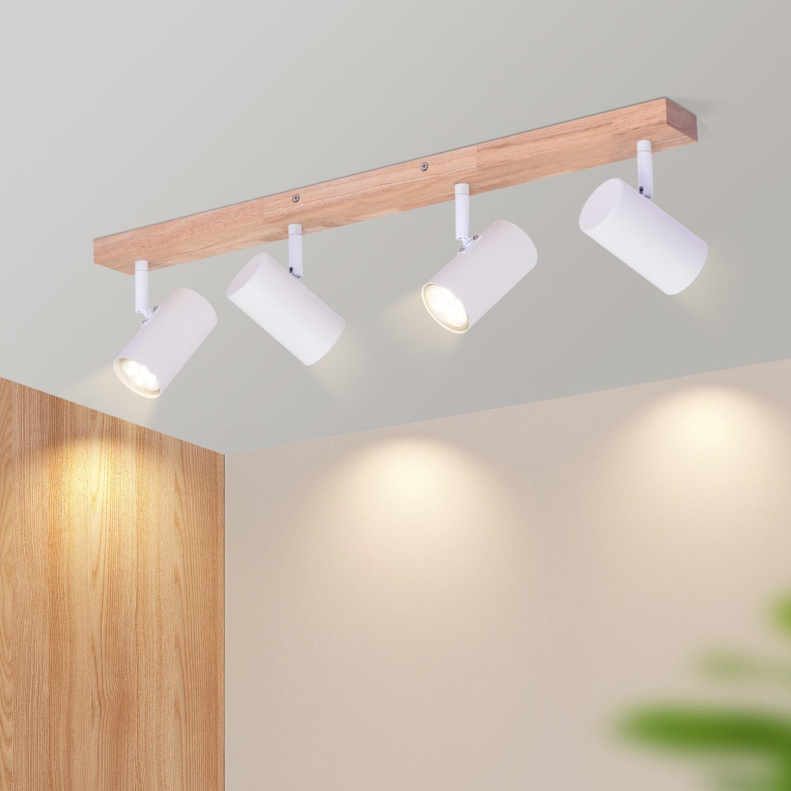 NETTLIFE Foco de techo 4 focos Lámpara de techo de madera blanca GU10 Vintage orientable 350° - 9