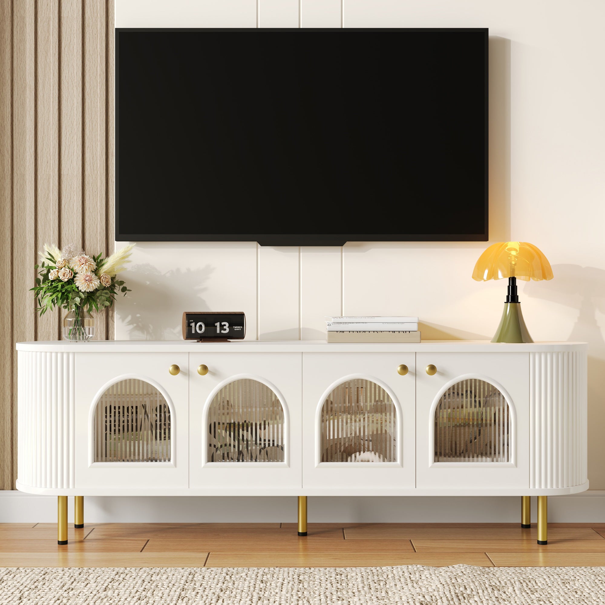 Stolik pod TV 170x35x55 cm - z 4 drzwiami szklanymi - złote uchwyty i nóżki - biały
