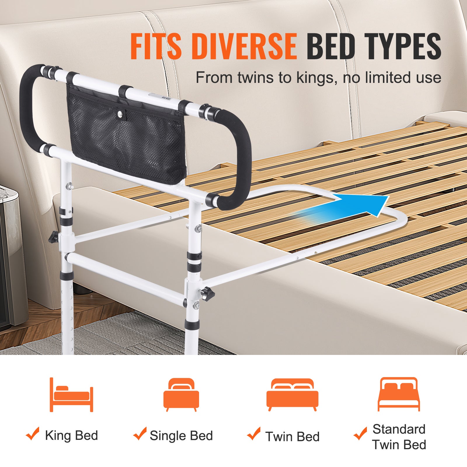 Barrière de Lit VEVOR pour Adultes Personnes Âgées Pliable 180° Rail de Lit d'Assistance Protection Latérale Charge 204kg Poignée Réglable à 4 Niveaux - 6