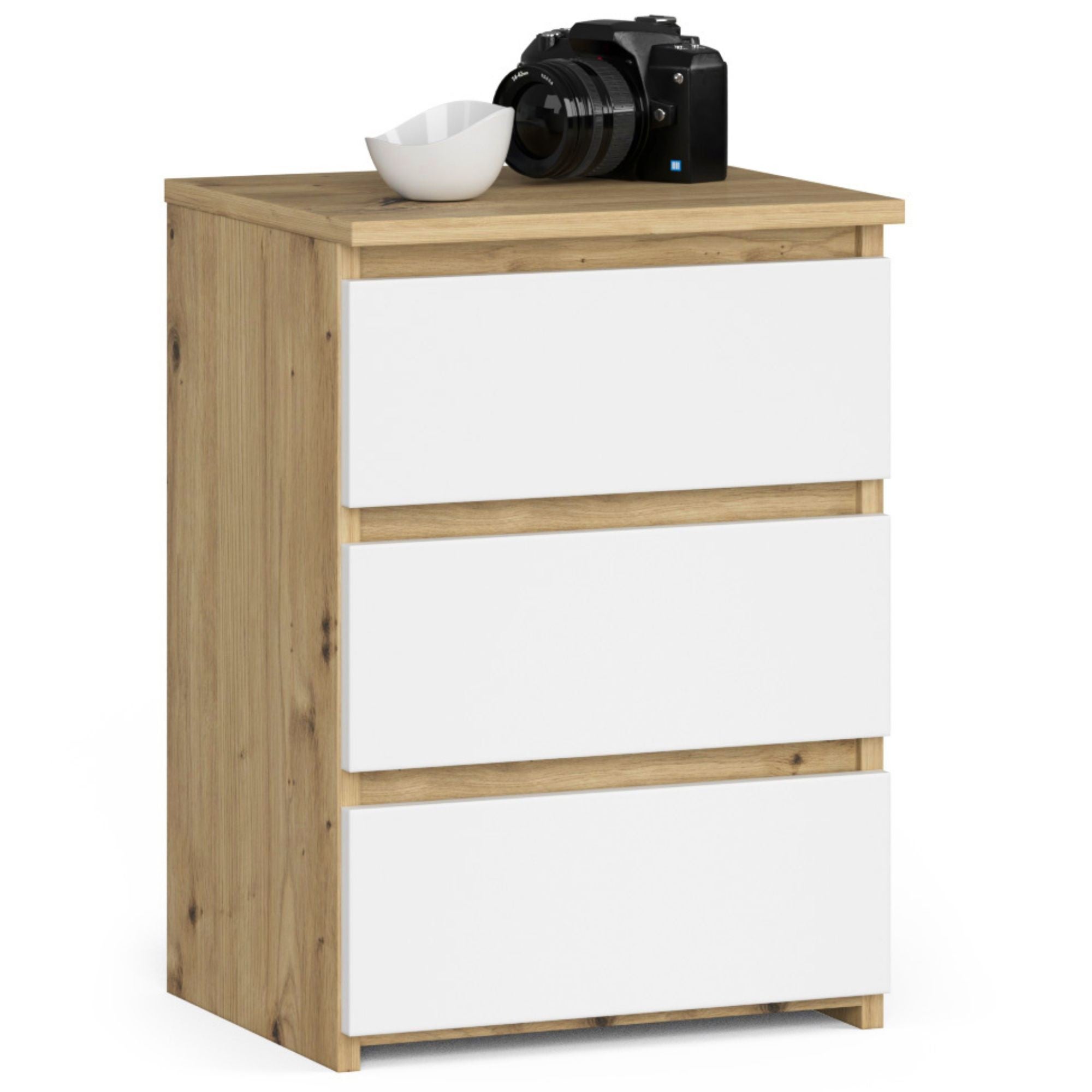 Szafka nocna AKORD CL3 Dąb Artisan 40 cm 3 szuflady kolor Biały mat 40x35x57 cm