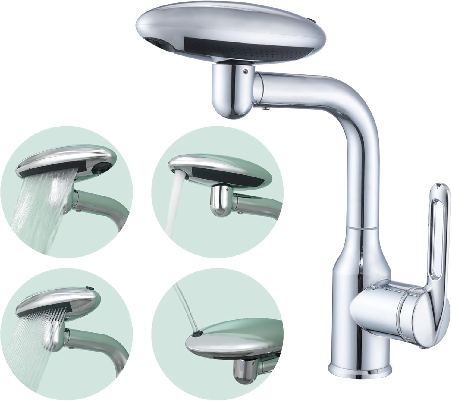 Bateria umywalkowa kaskadowa ze stali nierdzewnej z latającym spodkiem posrebrzanym galwanicznie, wielofunkcyjna, 4 poziomy wody, obrót o 360°