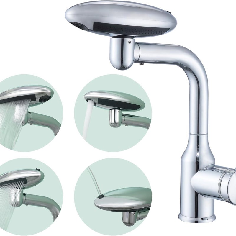 Bateria umywalkowa kaskadowa ze stali nierdzewnej z latającym spodkiem posrebrzanym galwanicznie, wielofunkcyjna, 4 poziomy wody, obrót o 360°