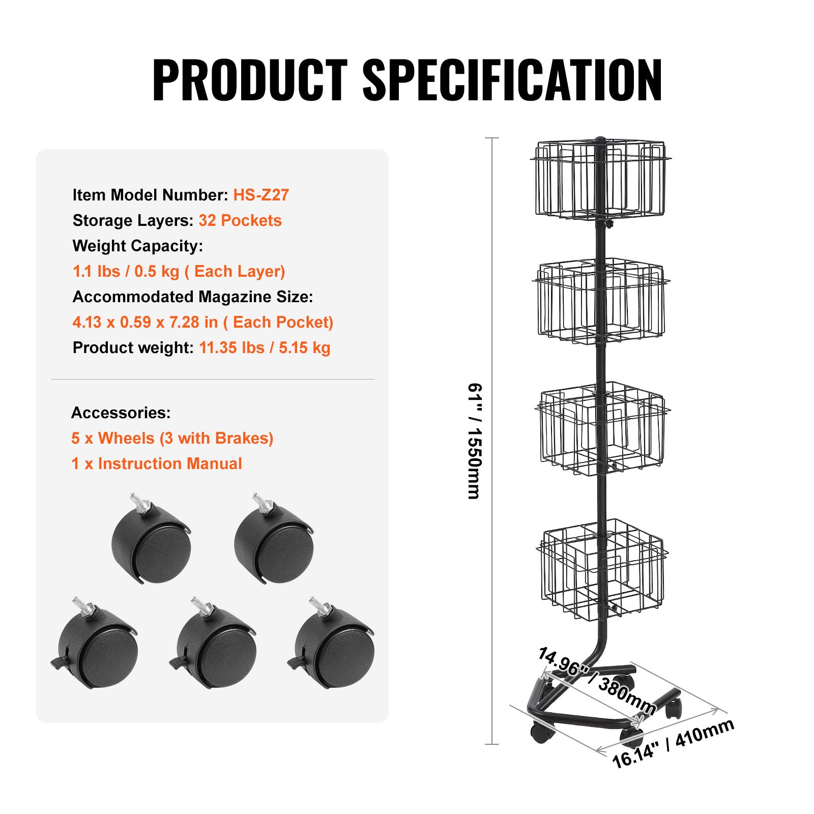 support à brochures pivotant à VEVOR 4 niveaux,32 emplacements,avec 5 roulettes (2 verrouillables) pour expositions et bureaux - 7