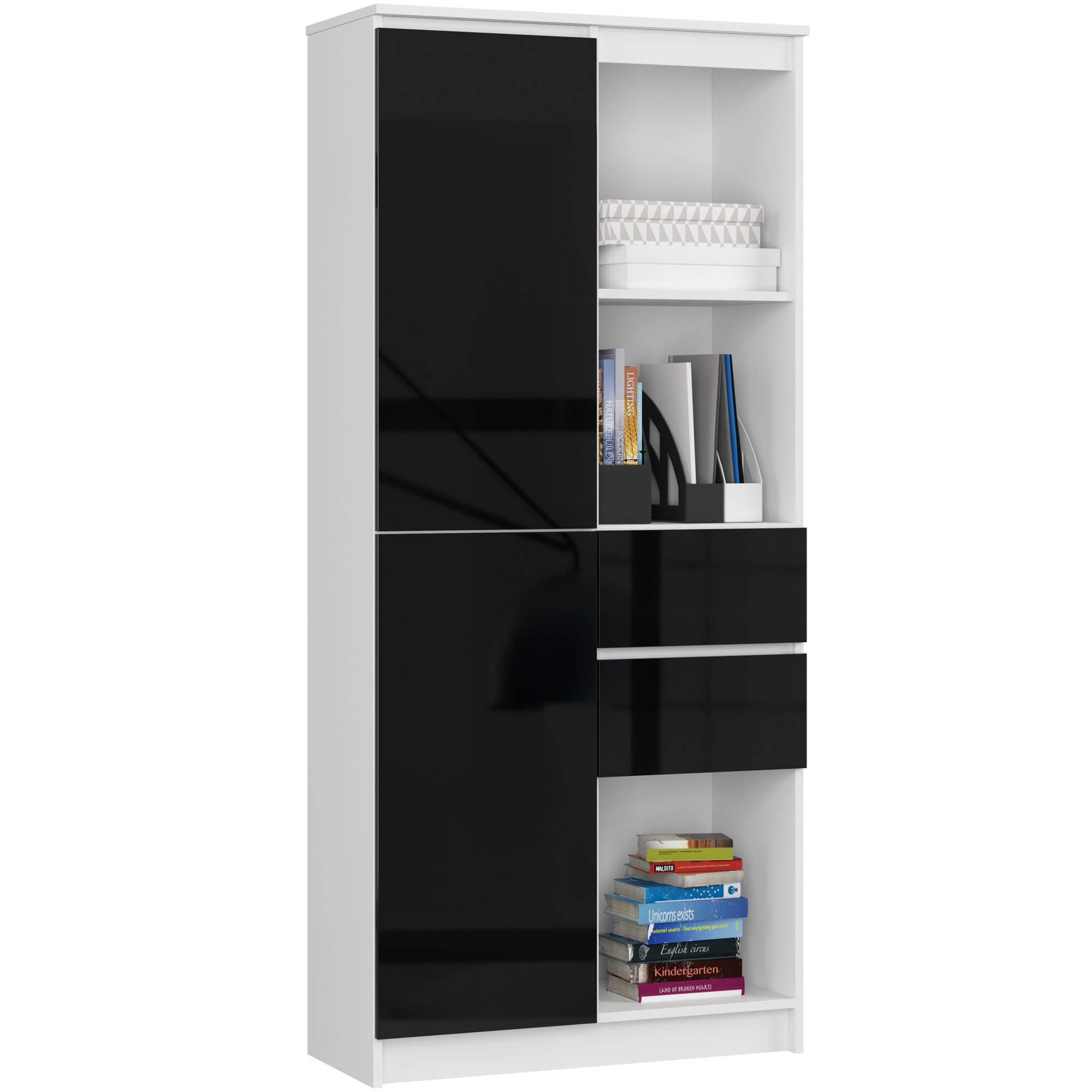 Regał AKORD R15 Biały 80 cm 1 drzwi 2 szuflady kolor Czarny Połysk 7 półek 80x35x180 cm