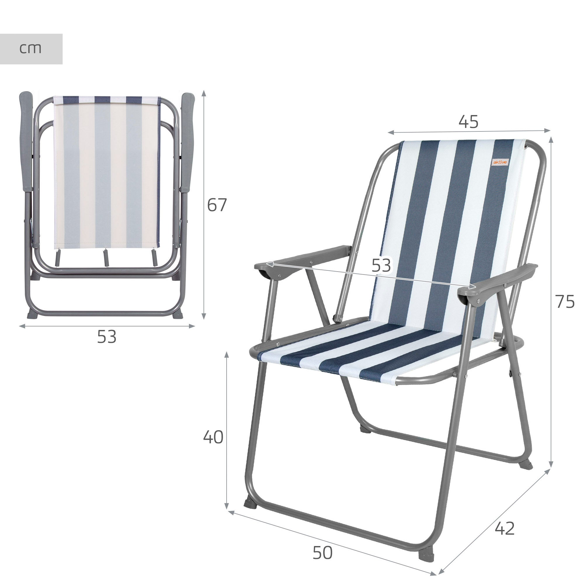 Aktive Cadeira de praia dobrável fixa alta 45x42x75 cm estilo náutico - 4