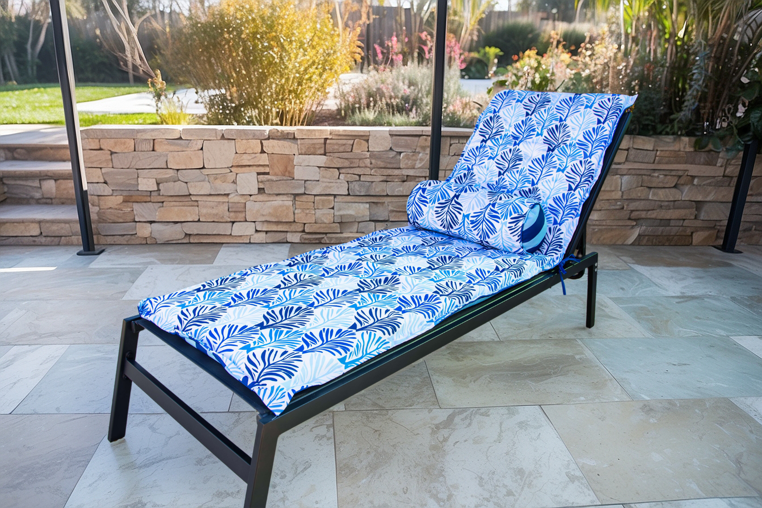 Coussin pour Chaise Longue et Traversin 195x60x5cm Motif Feuillage - 2