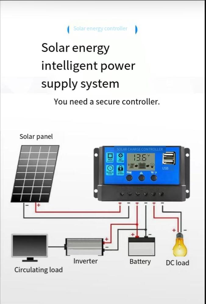 Controlador de célula solar 12V/24V, controlador de carga de painel solar, regulador de tensão com display LCD ajustável, temporizador, (10A) - 8