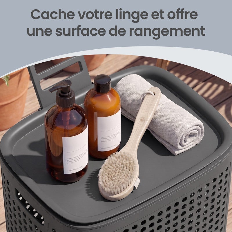 Panier à Linge en Plastique, Fin, Gain de Place, avec Couvercle, Buanderie, Salle de Bain, Chambre, Gris Foncé - 6