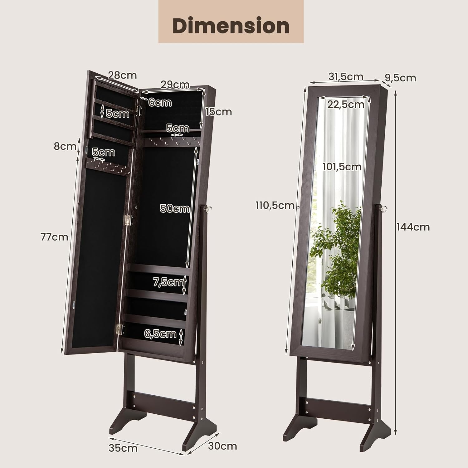 Armoire à Bijoux sur Pied avec Miroir Inclinable en 3 Positions, Armoire de Rangement Cosmétiques de Grande Capacité avec 4 Étagères(Marron) - 8