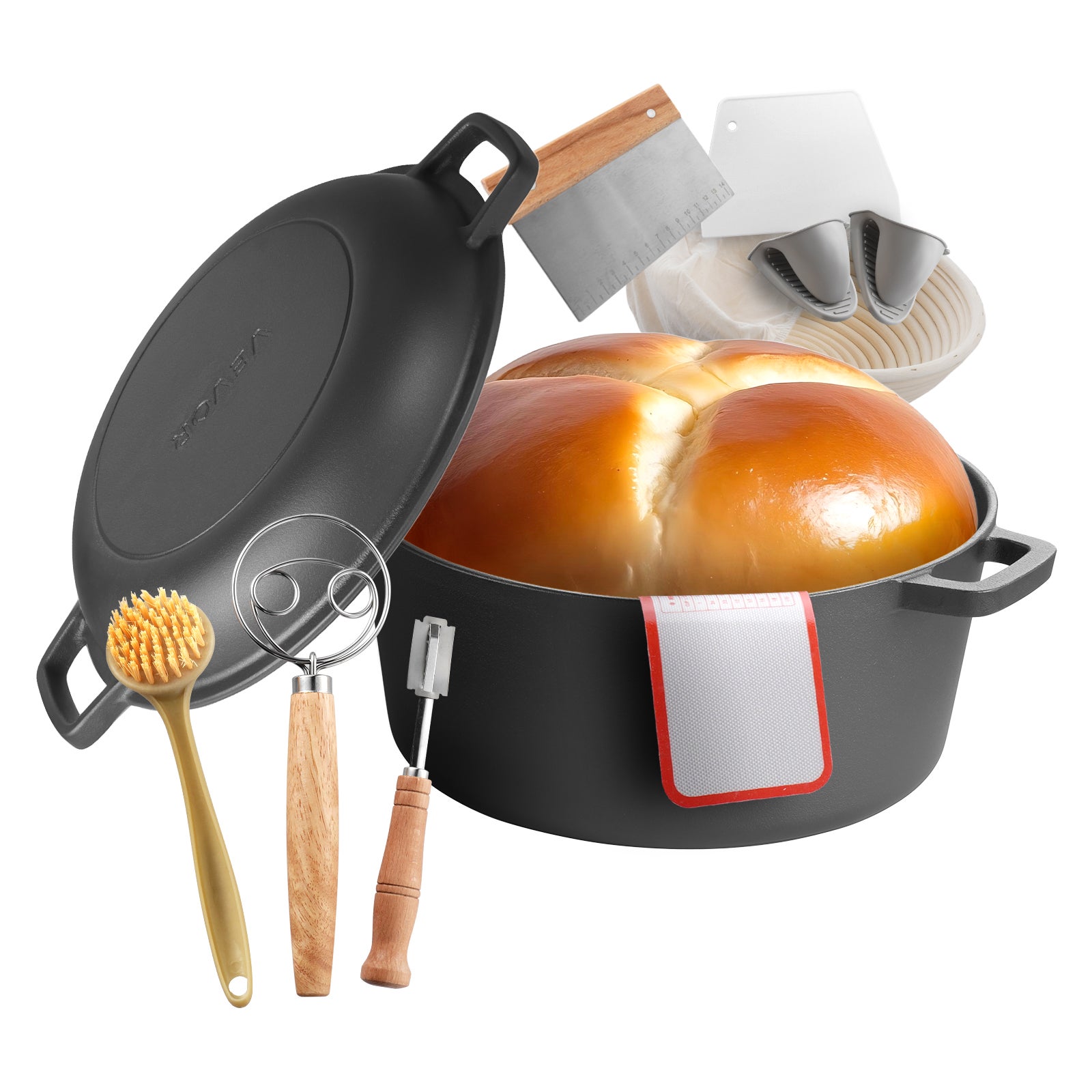 Garnek żeliwny VEVOR 5 qt 4.73 l Dutch Oven do pieczenia chleba zestaw akcesoriów żeliwo 260C