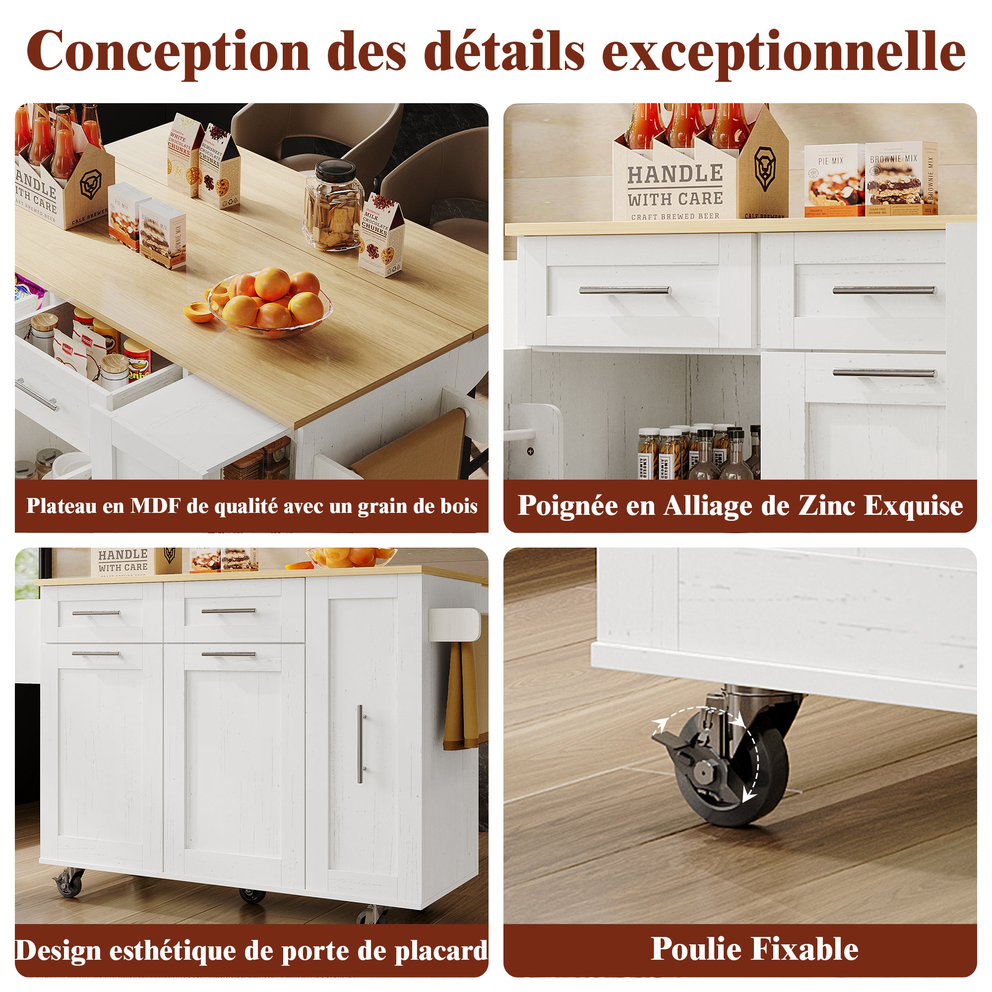 Ilot central de cuisine mobile avec 2 portes, 3 tiroirs et porte-serviettes - Plateau extensible - 134.5 x 46/74 x 90.5 cm - MDF - Blanc - 7