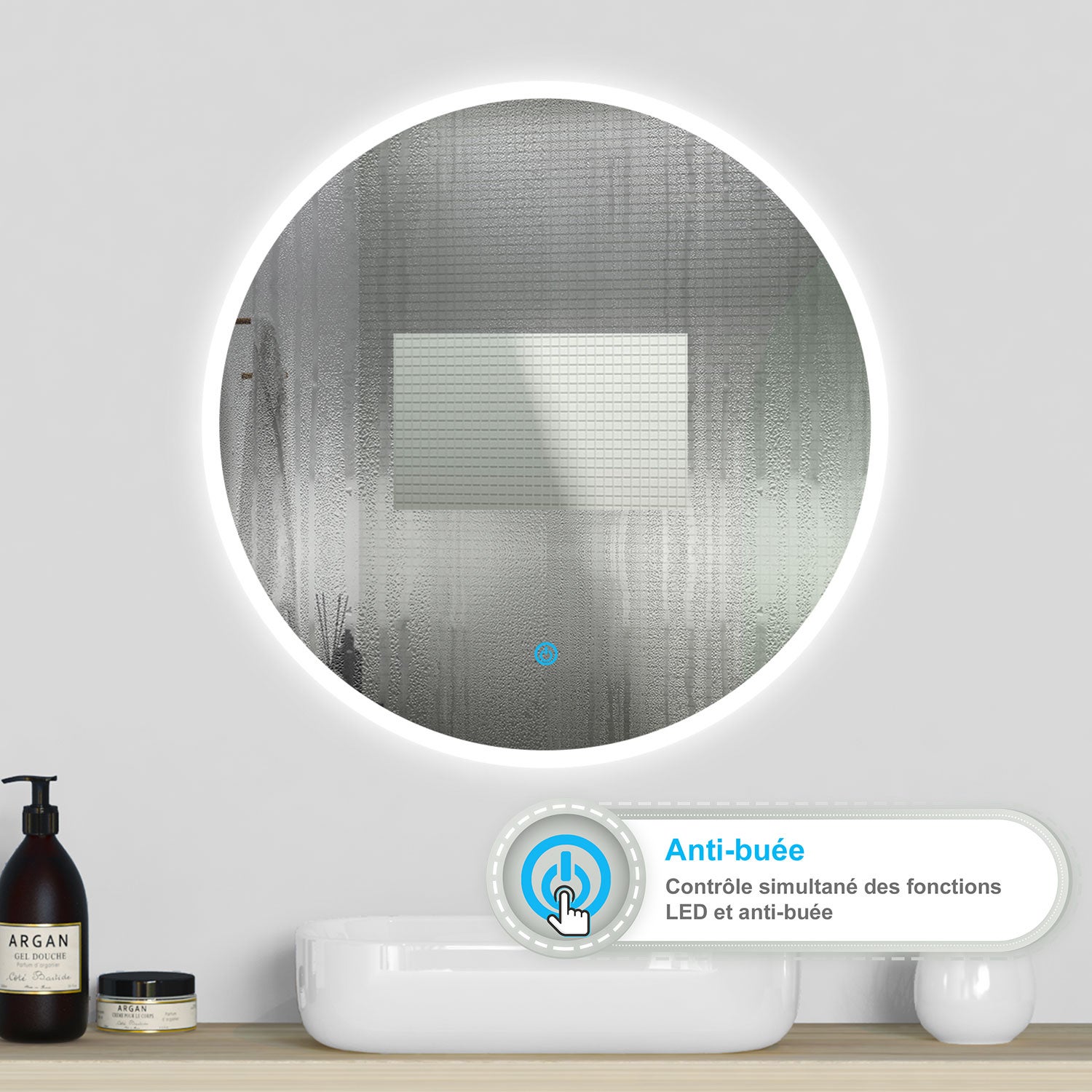 Ocean Miroir lumineux rond, l.60 x H.60 cm, Miroir LED avec antibuée - 3