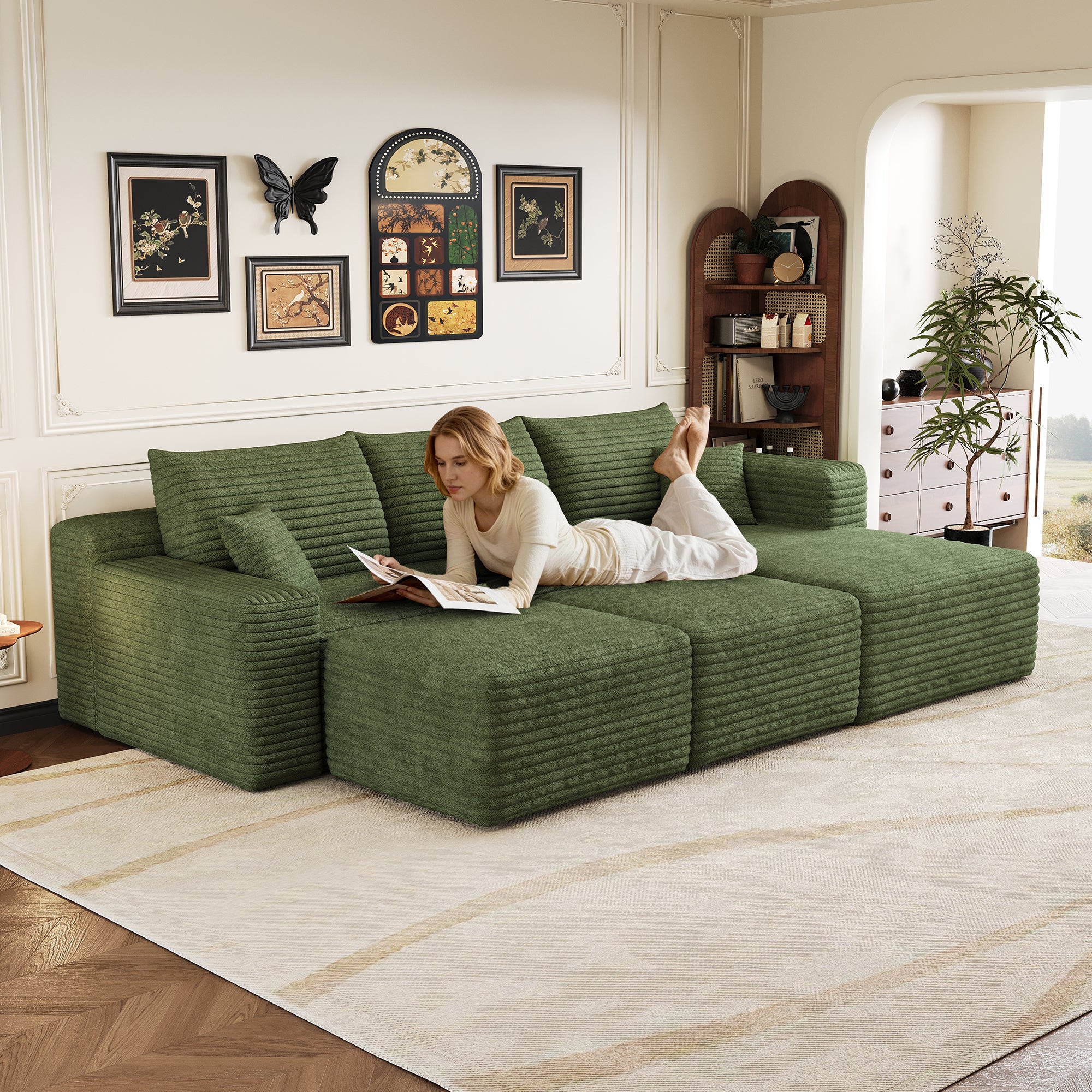 Canapé Modulaire compresse 241x151x58cm avec 2 repose-pieds et coussin, Canapé d'Angle Côté droit Velours Côtelé, Assise Profonde,Canapé 3 Places Vert - 4