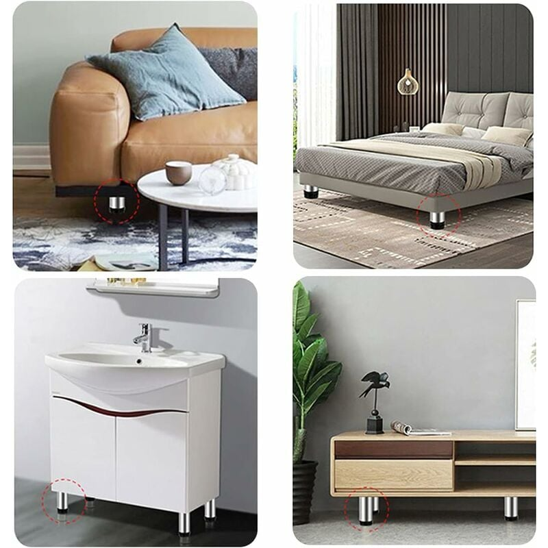Lot de 4 pieds de meubles réglables en acier inoxydable, 50x60 mm, pieds d'armoire, pieds en métal - 4