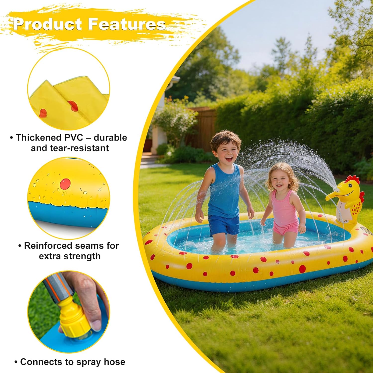 Piscine-arroseur dinosaure de 67 pouces (env. 170,2 cm) — Piscine gonflable et jeu d'eau d'extérieur pour cour et jardin - 7