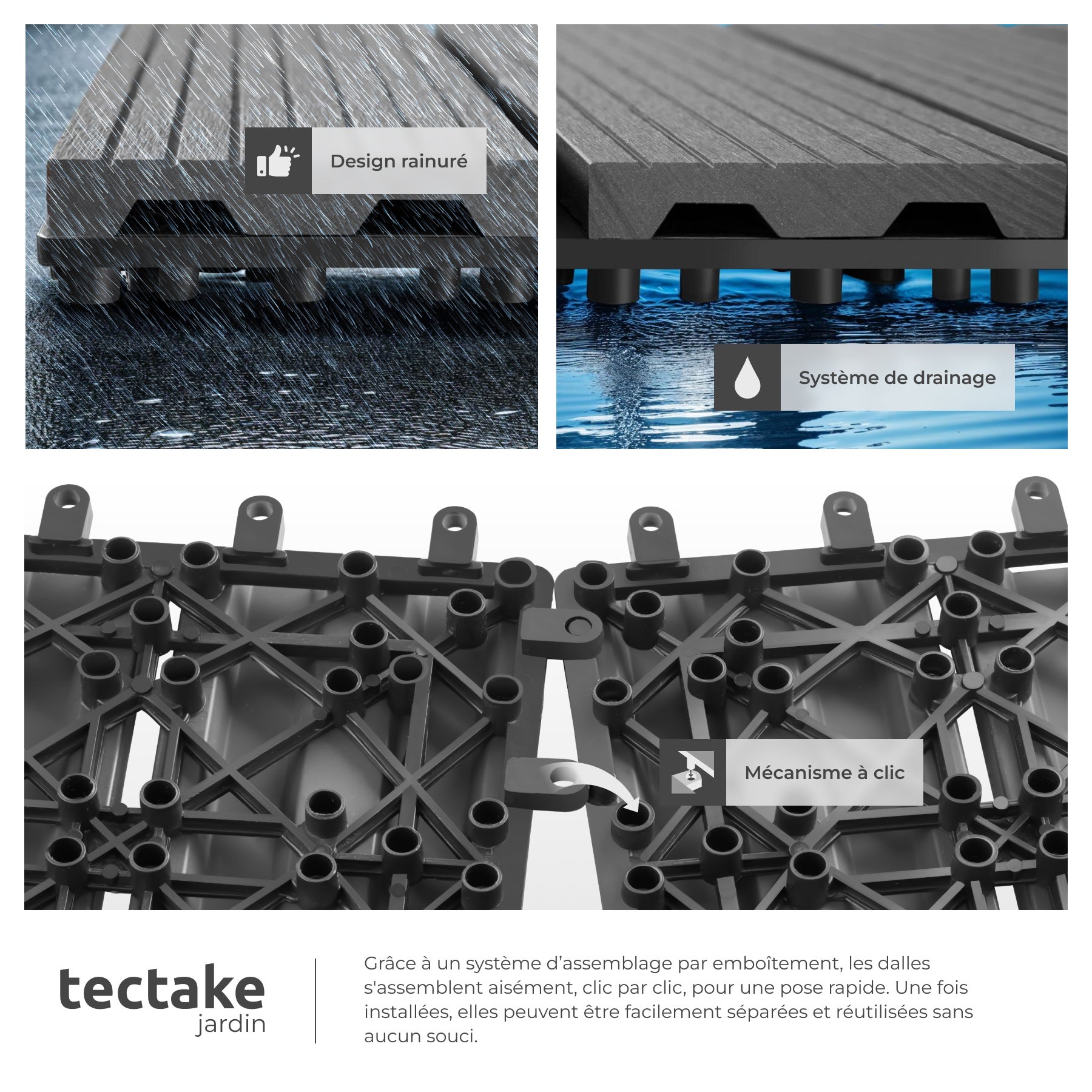 22 dalles de terrasse en WPC, système de clic pratique, antidérapantes, base treillis stable, gris TECTAKE - 5