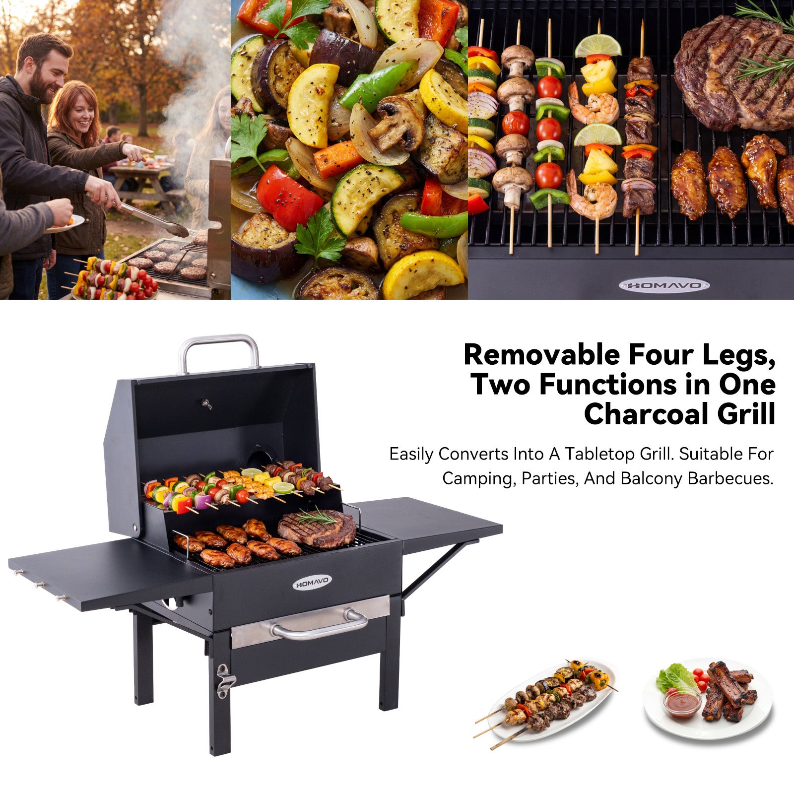 Barbecue a Carbonella, Superficie di Cottura: 45×32 cm, Griglia Principale in Smalto, Ripiano Riscaldante, Termometro HOMAVO - 5
