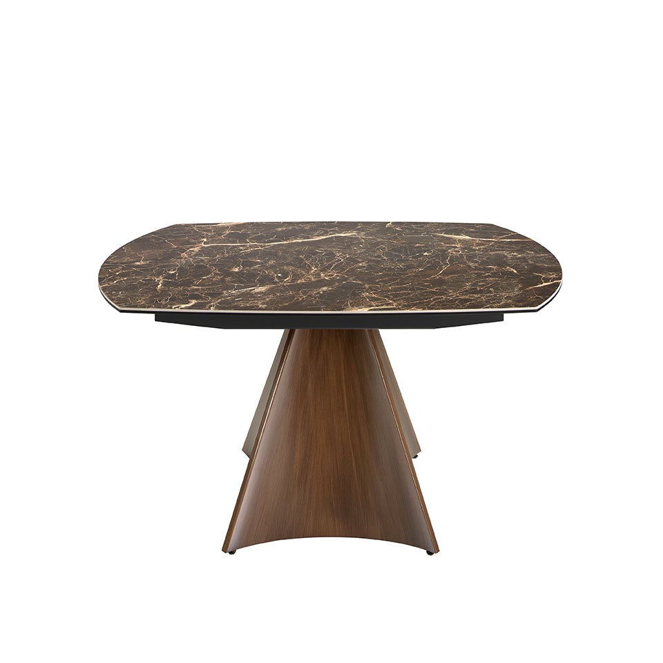 Table à manger à rallonge baril ovale marbre porcelaine et acier effet noyer Ø135 x 90 x 75 cm - 2