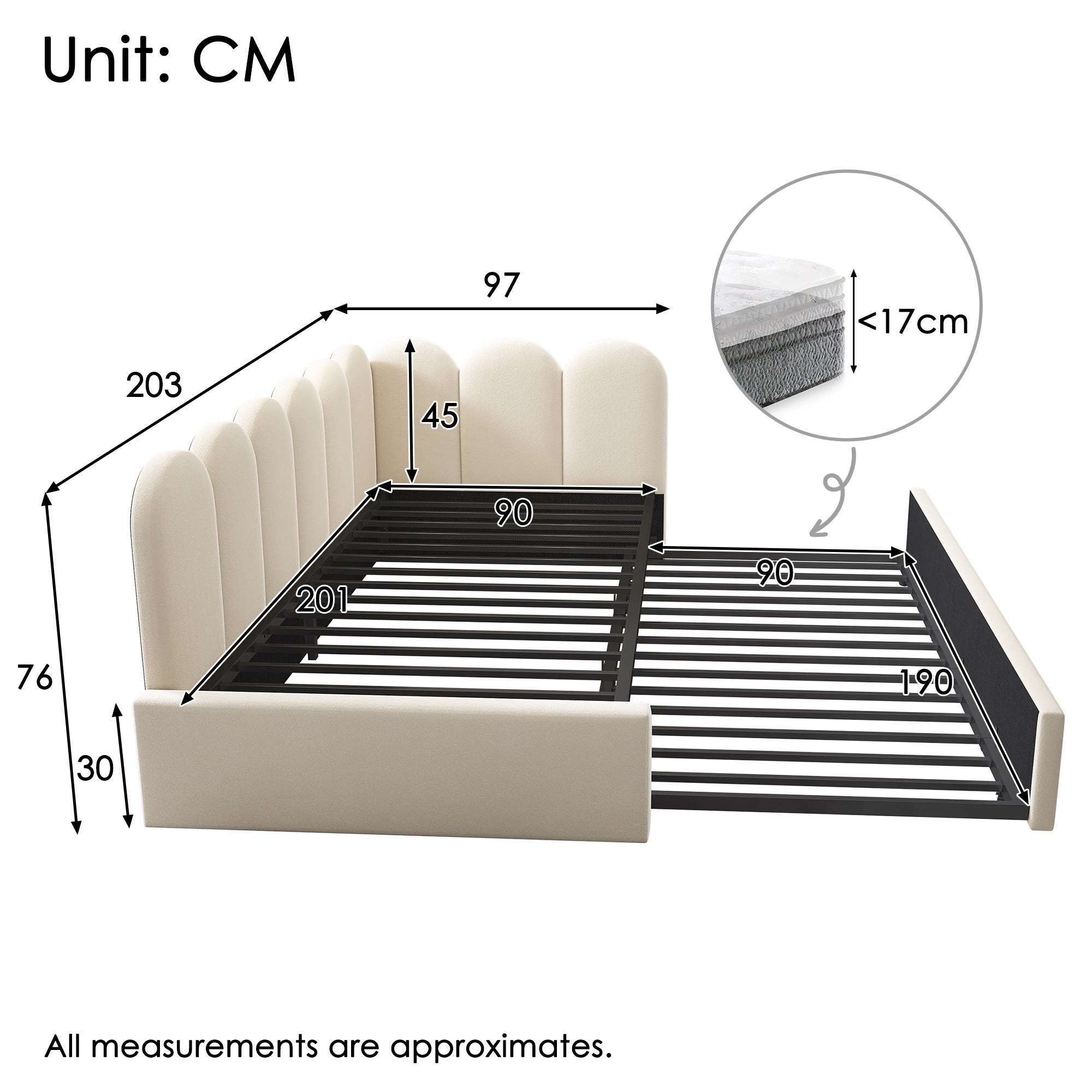 Cama de rodízio 90 x 200 cm + 90 x 190 cm com cabeceira e encosto, sofá-cama - Veludo - Estrado de ripas metálicas - Bege (sem colchão) - 2