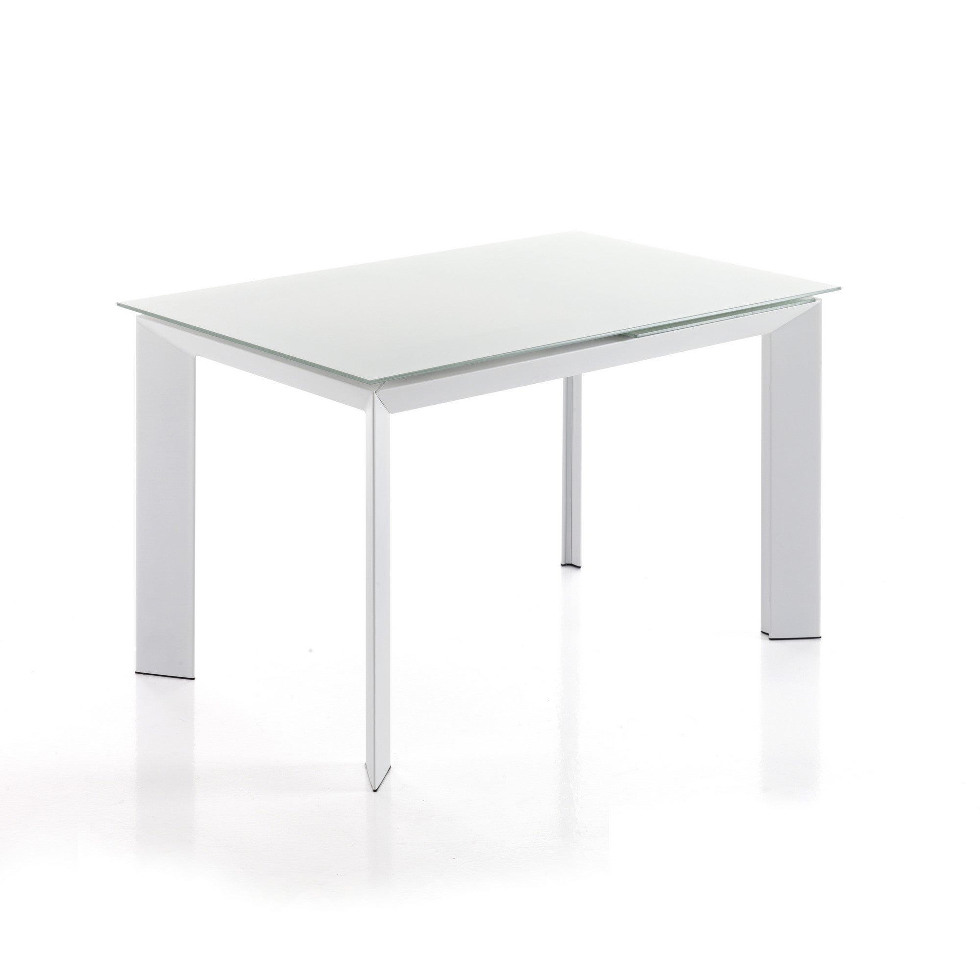 Stół rozkładany BLADE 120 WHITE - biały szklany blat, nogi metalowe, 120-170 cm, idealny do jadalni
