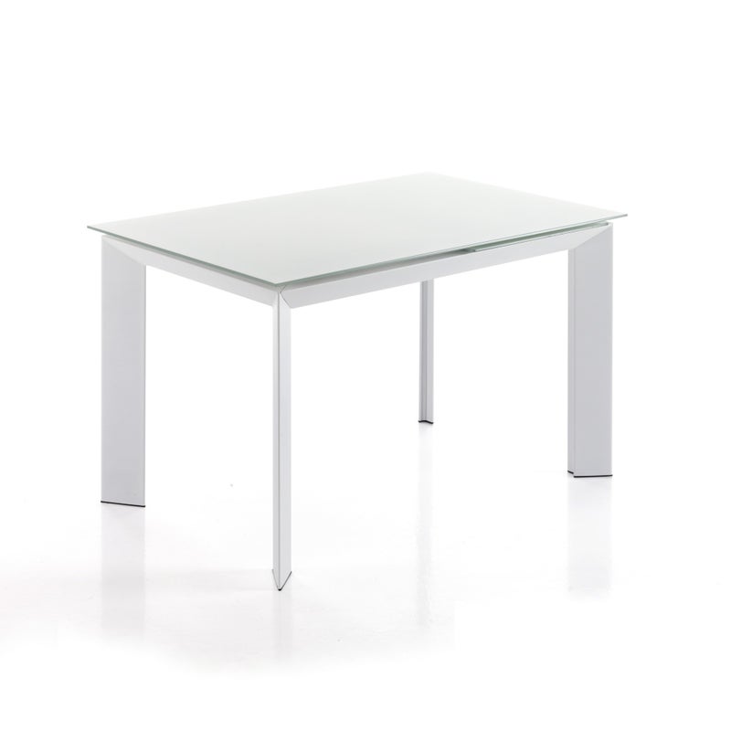 Stół rozkładany BLADE 120 WHITE - biały szklany blat, nogi metalowe, 120-170 cm, idealny do jadalni