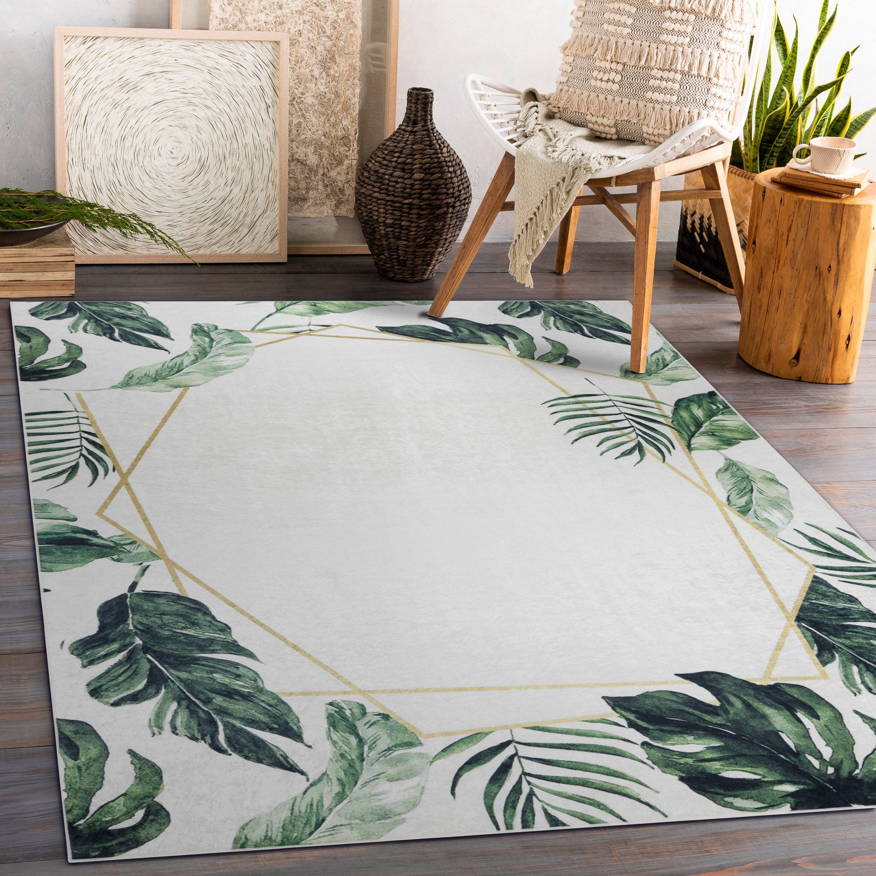 Dywan do prania ANDRE 1168 Liście Monstera, geometryczny antypoślizgowy - biały / zielony 120x170 cm - 5