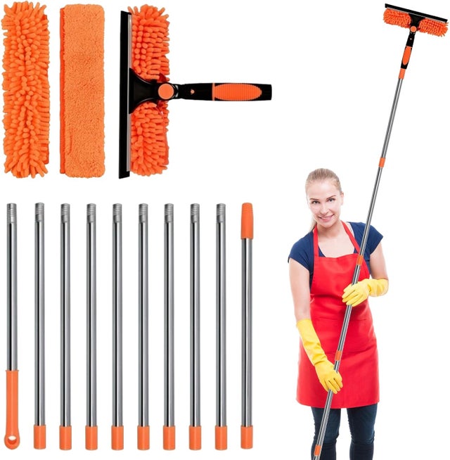 4,3 m Lave-vitres télescopique 2 en 1 avec manche long, grattoir et chiffon nettoyage pour fenêtres hautes, murs et voitures