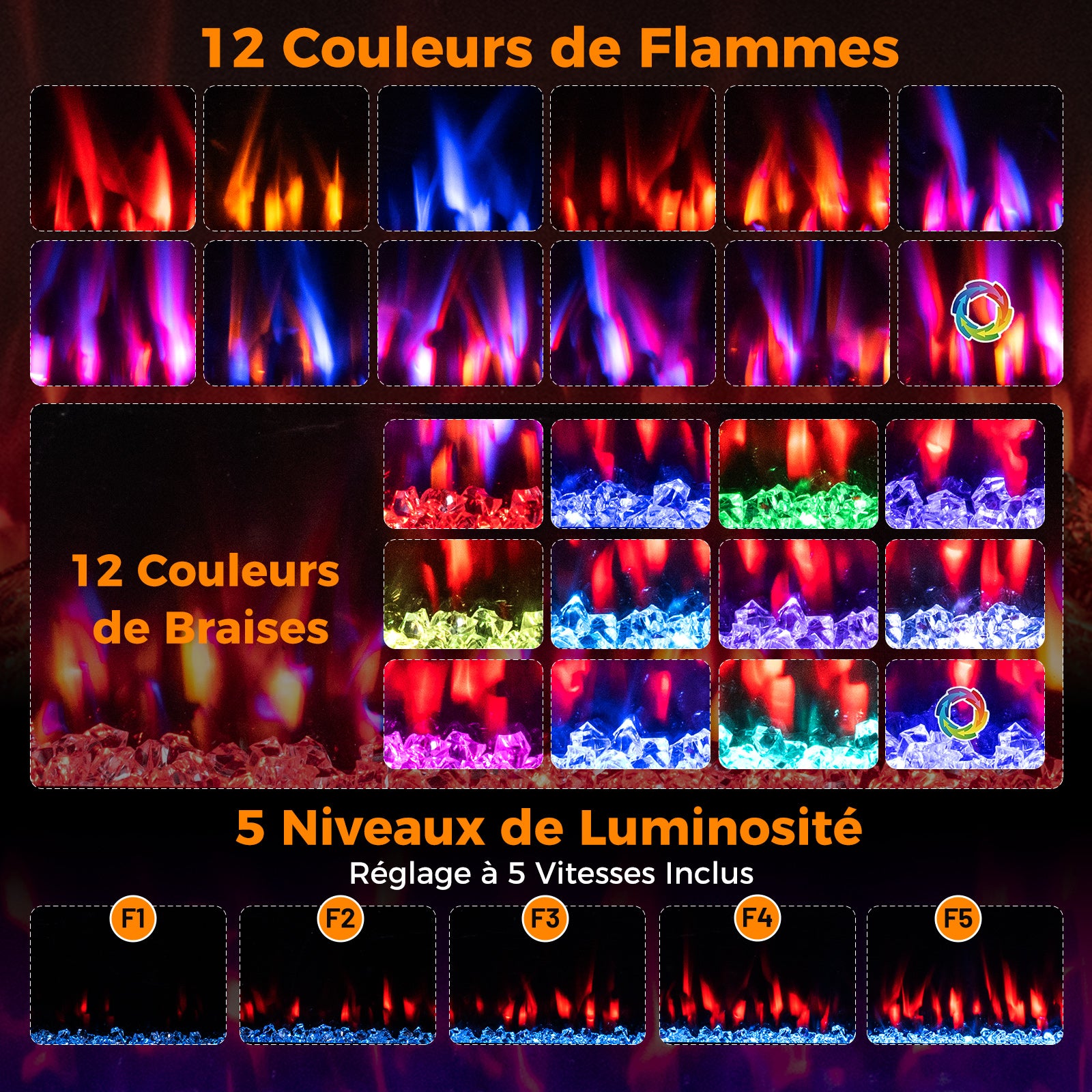 Cheminée Électrique Encastrable/Mural 106,5 CM, Cheminée Chauffage 750W/1500W avec Alexa et Google Assistant, 12 Couleurs & 5 Luminosités, Minuterie - 6