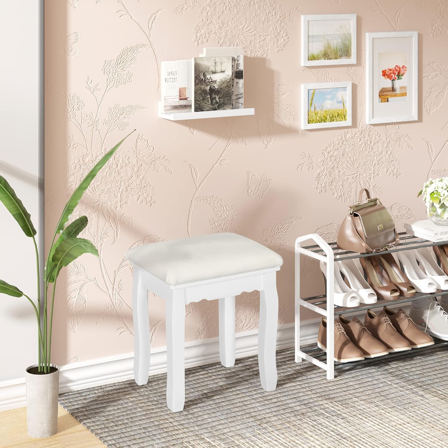 Tabouret Coiffeuse WOLTU, Chaise de Maquillage en Velours, Pouf Banc Piano Style Baroque, Pieds en Bois Massif, 38x28,5x45cm, Blanc - 3
