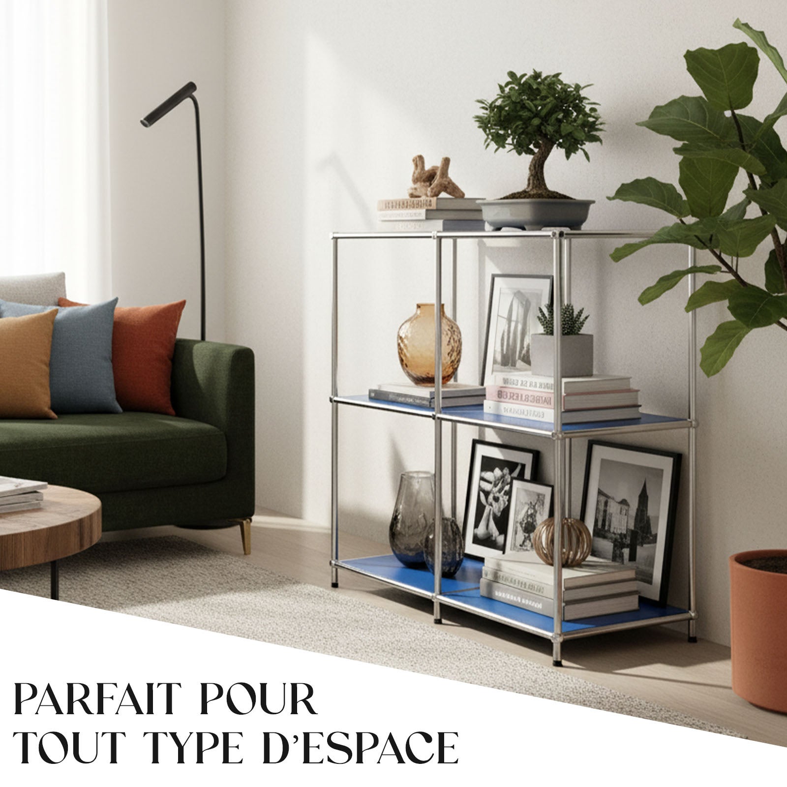 Étagère métal chromé design épuré, Concept Epuré MK-027 : 3 étages, 78 x 40 x 82 cm, Bleu - 2