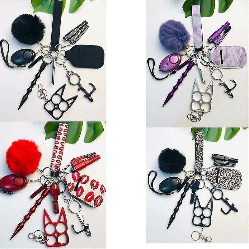 Set di 11 pezzi, portachiavi di autodifesa viola per donne, portachiavi portatile con allarme personale di sicurezza - 4