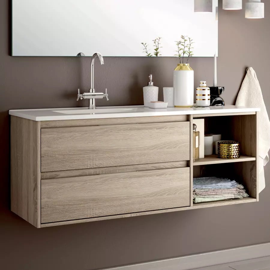 Meuble de salle de bain 120cm vasque déportée - 2 tiroirs et 2 niches - OLYMPE - cambrian (chêne) - 2